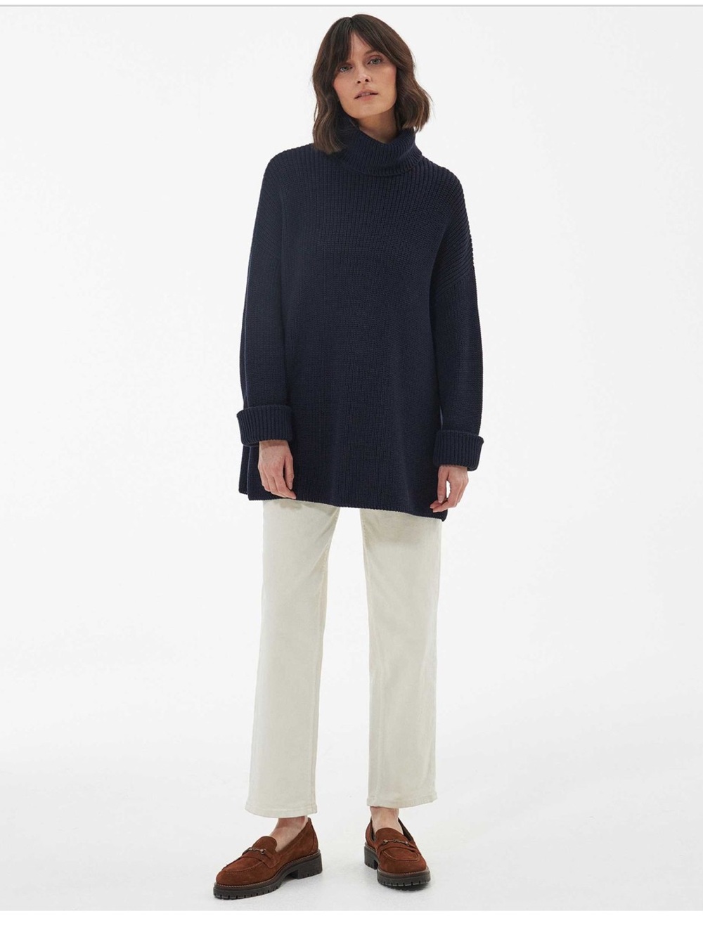 Barbour Stitch Cape Navy Chunky Knit Turtleneck Sweater - Cotton Wool Blend